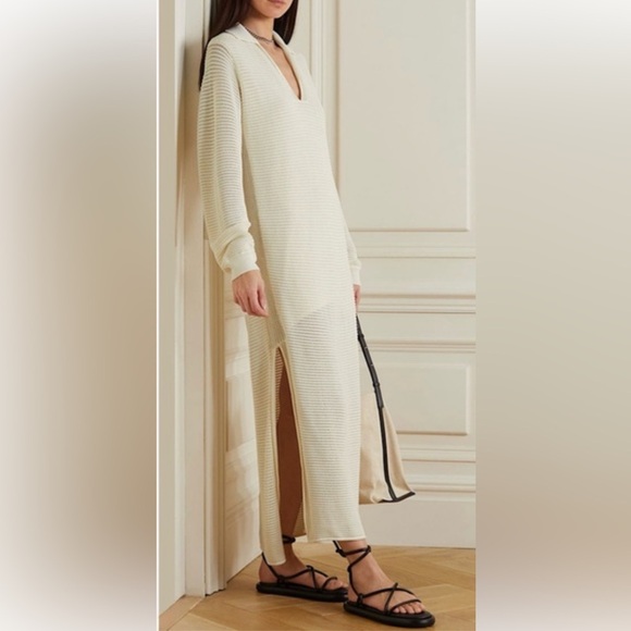 FRAME Ivory Crochet Long Sleeve Collared V-Neck Side Slit Maxi Dress - Picture 2 of 13